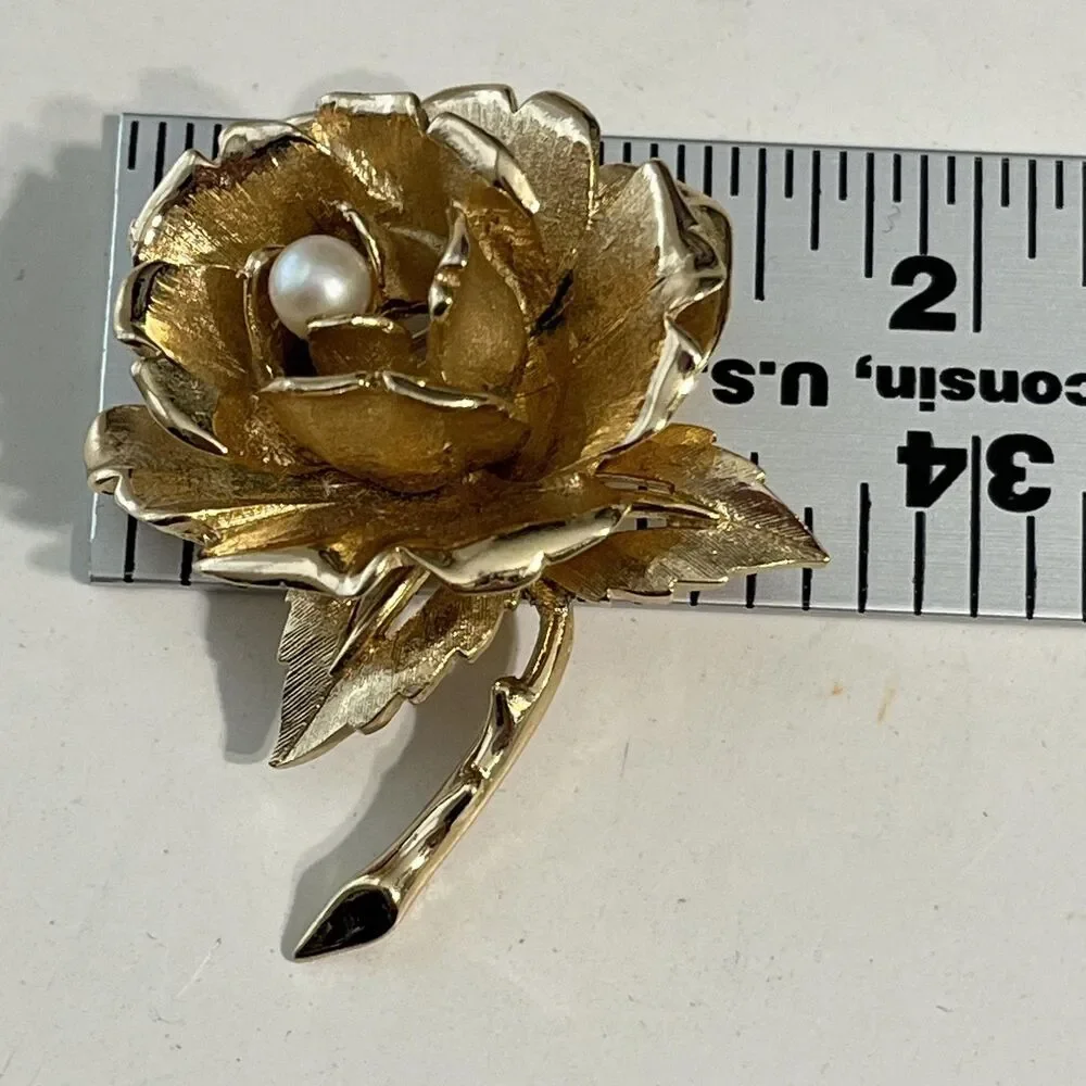 Vintage Marcel Boucher Rose Flower Brooch Gold Tone Pearl Pin Floral Italy